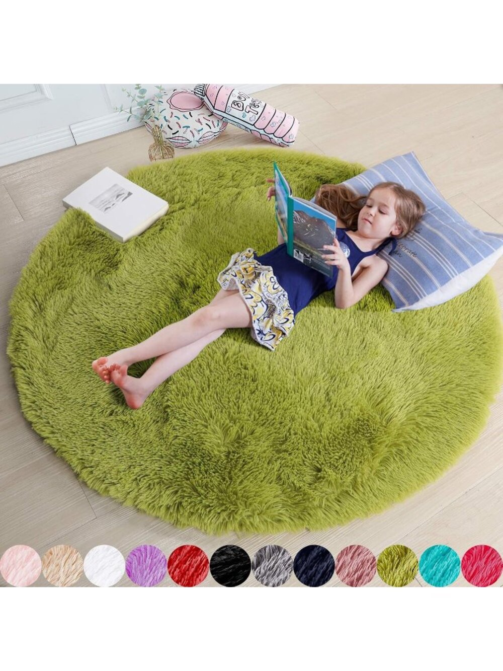 〽️Grass Green Round Rug 4Ft Bedroom Classroom Reading Corner Fluffy Shag Carpet